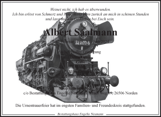 Traueranzeige von Albert Saalmann von Ostfriesischer Kurier GmbH