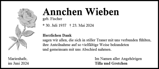 Traueranzeige von Annchen Wieben von Ostfriesischer Kurier GmbH