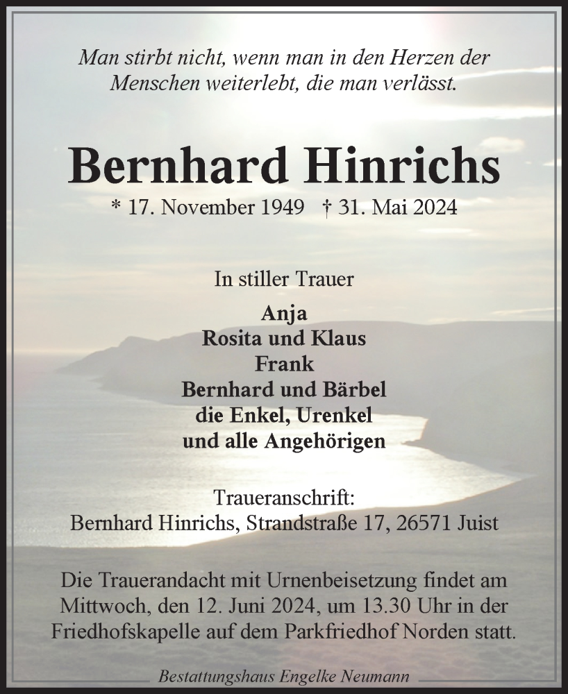  Traueranzeige für Bernhard Hinrichs vom 03.06.2024 aus Ostfriesischer Kurier GmbH