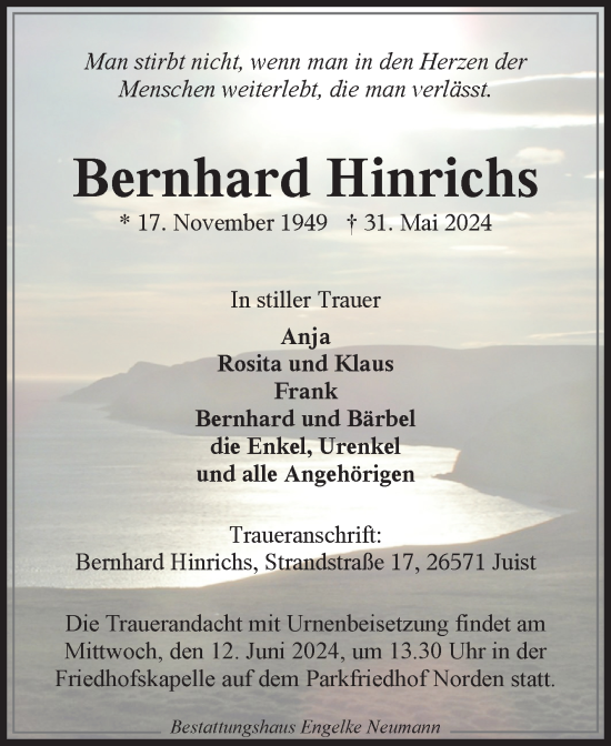 Traueranzeige von Bernhard Hinrichs von Ostfriesischer Kurier GmbH