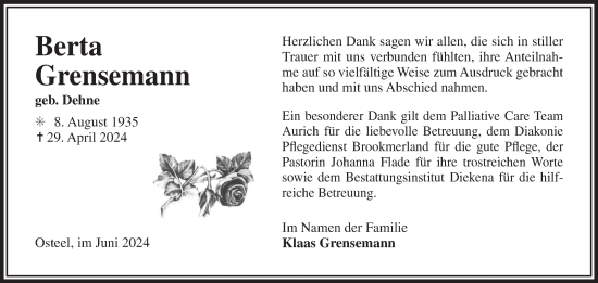 Traueranzeige von Berta Grensemann von Ostfriesischer Kurier GmbH