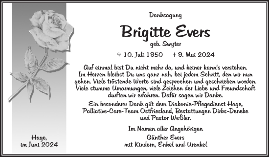 Traueranzeige von Brigitte Evers von Ostfriesischer Kurier GmbH