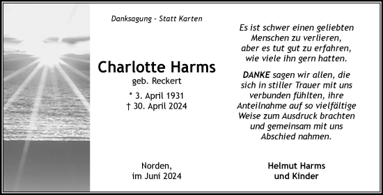 Traueranzeige von Charlotte  Harms von Ostfriesischer Kurier GmbH