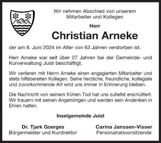 Traueranzeige von Christian Arneke von Ostfriesischer Kurier GmbH