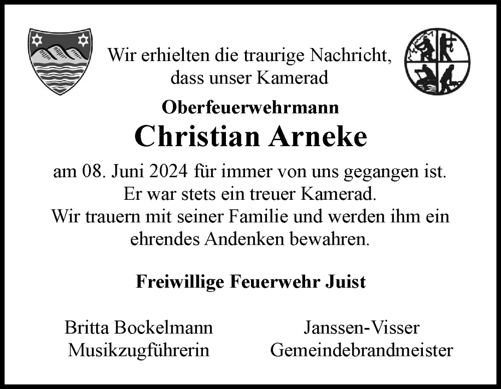  Traueranzeige für Christian Arneke vom 15.06.2024 aus Ostfriesischer Kurier GmbH