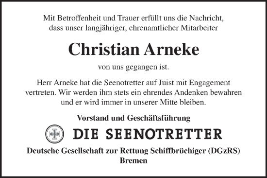 Traueranzeige von Christian Arneke von Ostfriesischer Kurier GmbH