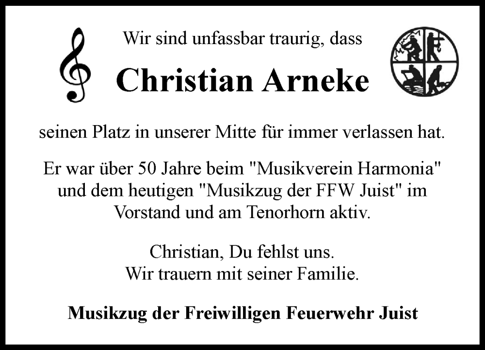  Traueranzeige für Christian Arneke vom 15.06.2024 aus Ostfriesischer Kurier GmbH