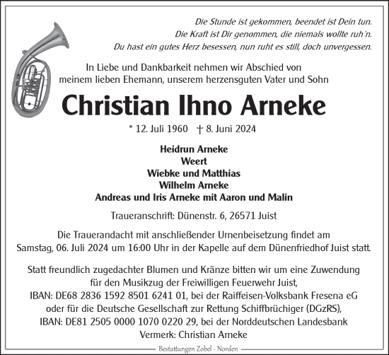 Traueranzeige von Christian Ihno Arneke von Ostfriesischer Kurier GmbH