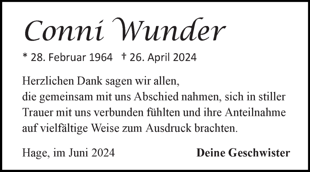  Traueranzeige für Conni Wunder vom 08.06.2024 aus Ostfriesischer Kurier GmbH