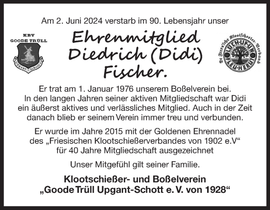 Traueranzeige von Diedrich Fischer von Ostfriesischer Kurier GmbH
