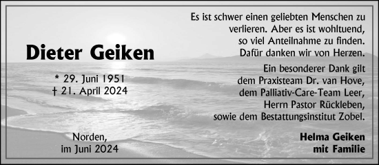 Traueranzeige von Dieter Geiken von Ostfriesischer Kurier GmbH