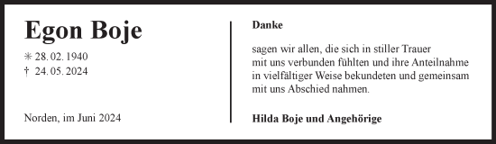 Traueranzeige von Egon Boje von Ostfriesischer Kurier GmbH