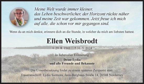 Traueranzeige von Ellen Weisbrodt von Ostfriesischer Kurier GmbH