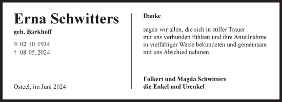 Traueranzeige von Erna Schwitters von Ostfriesischer Kurier GmbH