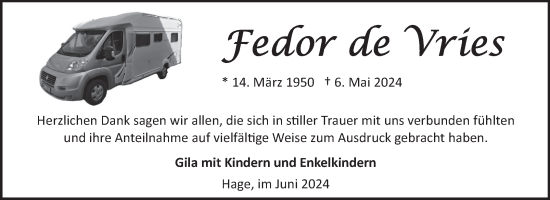 Traueranzeige von Fedor de Vries von Ostfriesischer Kurier GmbH