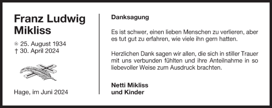 Traueranzeige von Franz Mikliss von Ostfriesischer Kurier GmbH