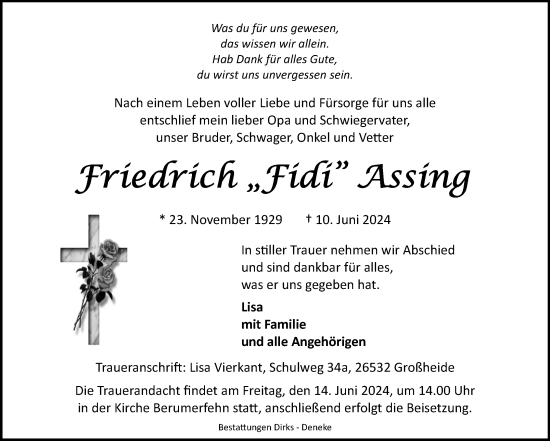 Traueranzeige von Friedrich Assing von Ostfriesischer Kurier GmbH