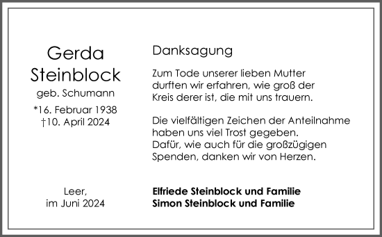 Traueranzeige von Gerda Steinblock von Ostfriesischer Kurier GmbH