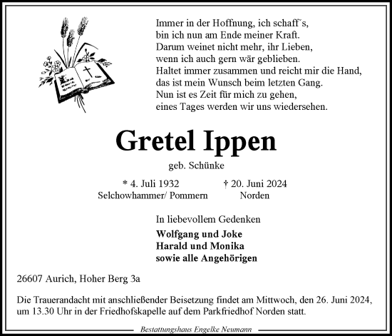 Traueranzeige von Gretel Ippen von Ostfriesischer Kurier GmbH