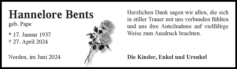  Traueranzeige für Hannelore Bents vom 08.06.2024 aus Ostfriesischer Kurier GmbH