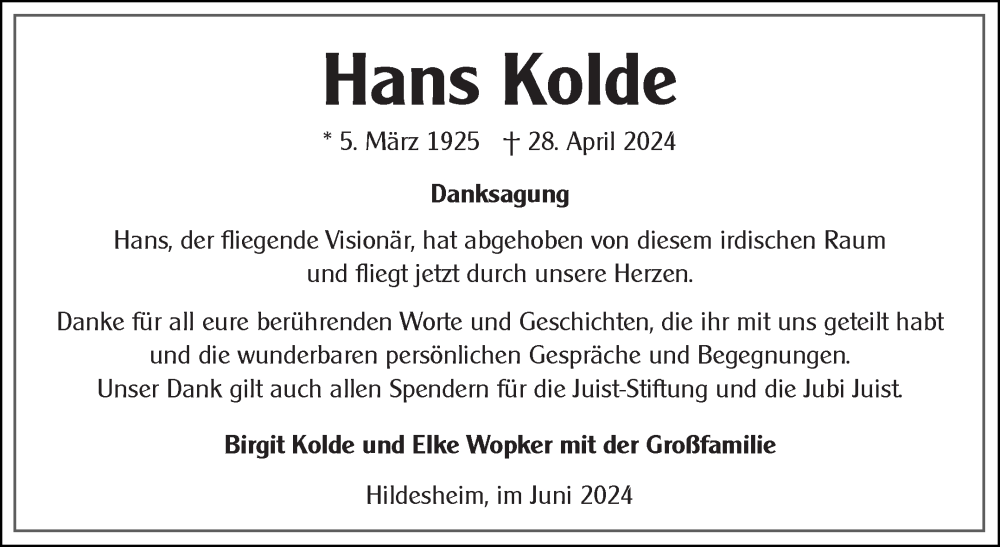  Traueranzeige für Hans Kolde vom 22.06.2024 aus Ostfriesischer Kurier GmbH