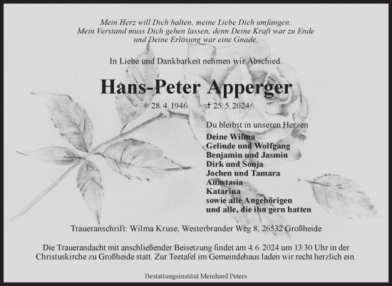 Traueranzeige von Hans-Peter Apperger von Ostfriesischer Kurier GmbH