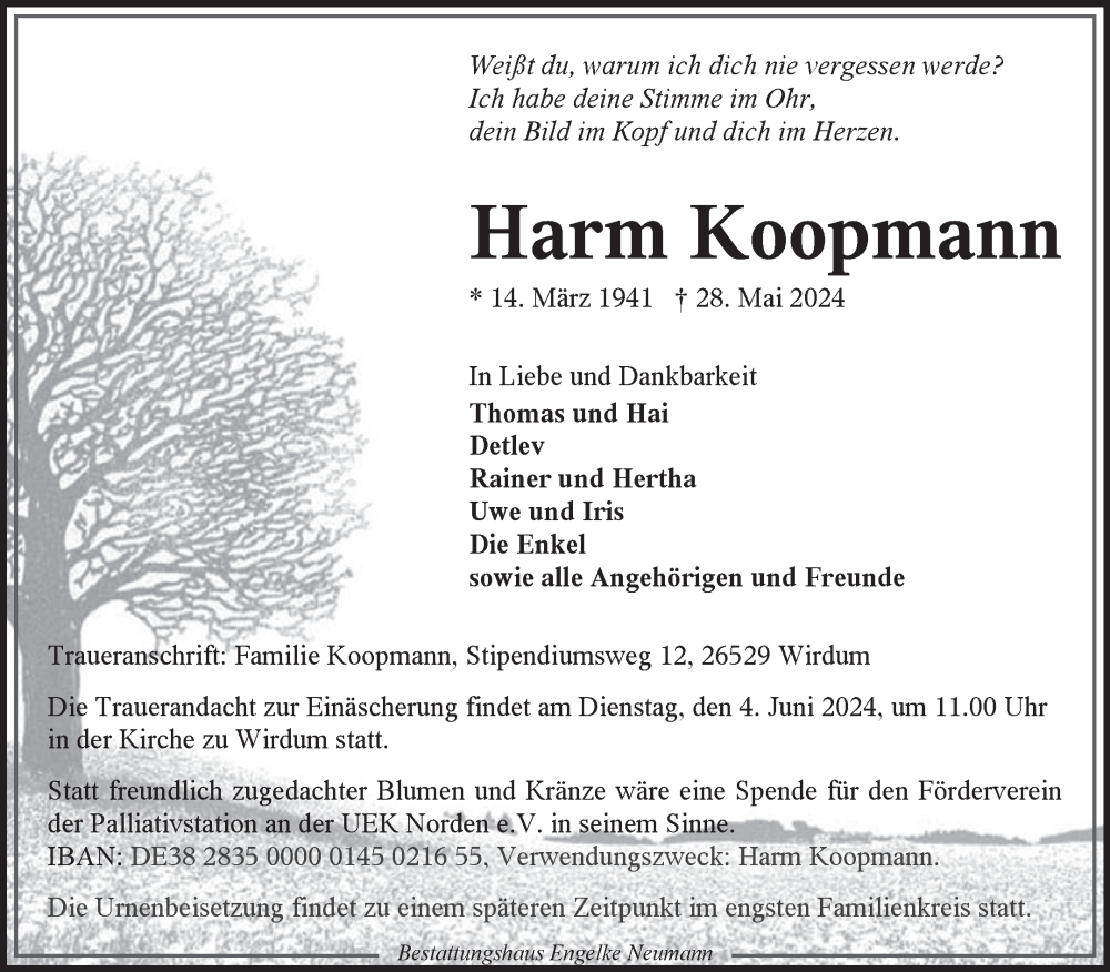  Traueranzeige für Harm Koopmann vom 01.06.2024 aus Ostfriesischer Kurier GmbH