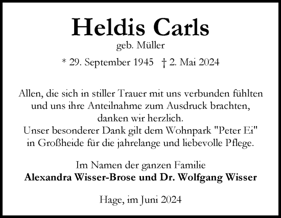 Traueranzeige von Heidis Carls von Ostfriesischer Kurier GmbH