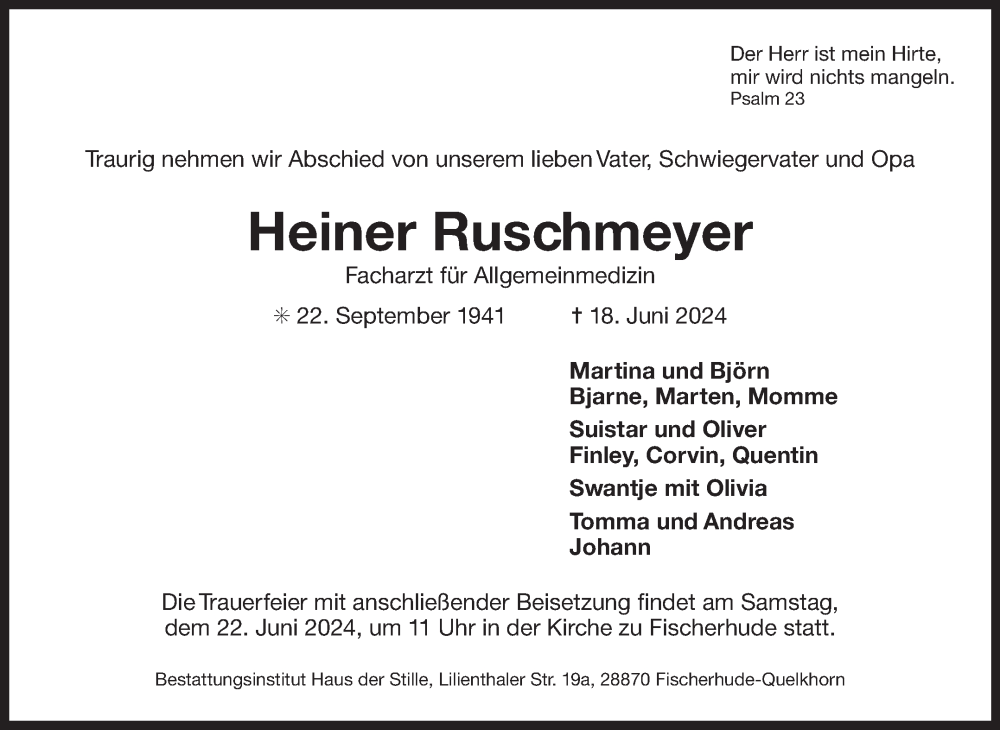  Traueranzeige für Heiner Ruschmeyer vom 20.06.2024 aus Ostfriesischer Kurier GmbH