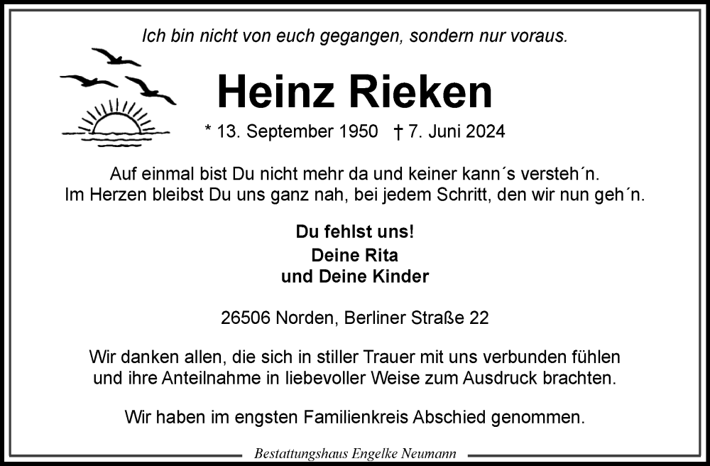  Traueranzeige für Heinz Rieken vom 29.06.2024 aus Ostfriesischer Kurier GmbH
