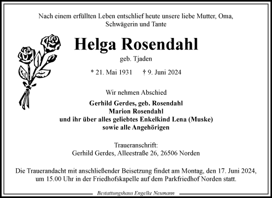 Traueranzeige von Helga Rosendahl von Ostfriesischer Kurier GmbH