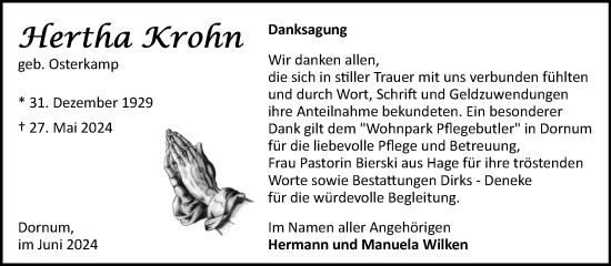 Traueranzeige von Hertha Krohn von Ostfriesischer Kurier GmbH