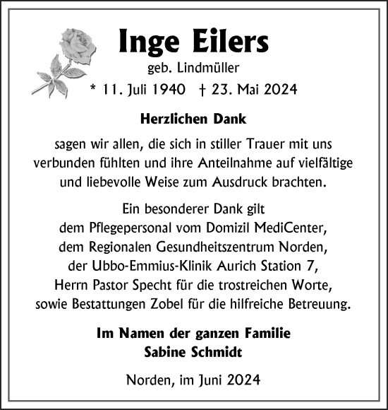 Traueranzeige von Inge Eilers von Ostfriesischer Kurier GmbH