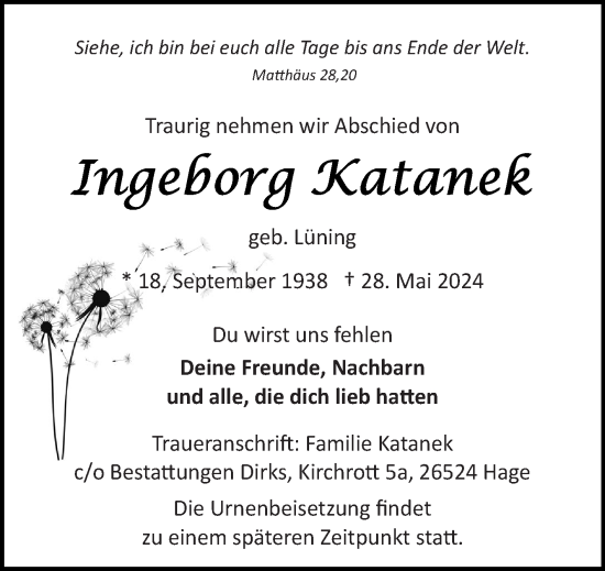 Traueranzeige von Ingeborg Katanek von Ostfriesischer Kurier GmbH