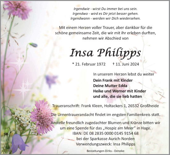 Traueranzeige von Insa Philipps von Ostfriesischer Kurier GmbH