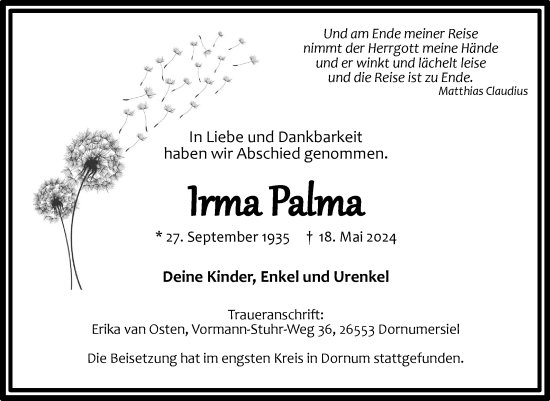 Traueranzeige von Irma Palma von Ostfriesischer Kurier GmbH