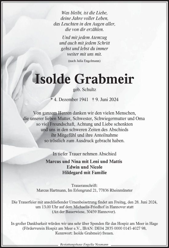 Traueranzeige von Isolde Grabmeir von Ostfriesischer Kurier GmbH