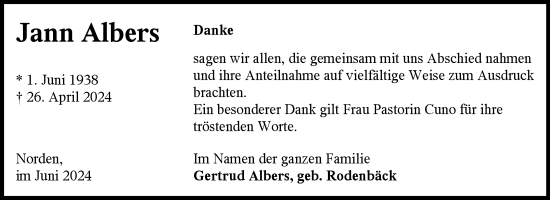 Traueranzeige von Jann Albers von Ostfriesischer Kurier GmbH