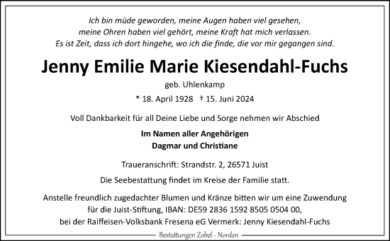 Traueranzeige von Jenny Emilie Marie Kiesendahl-Fuchs von Ostfriesischer Kurier GmbH