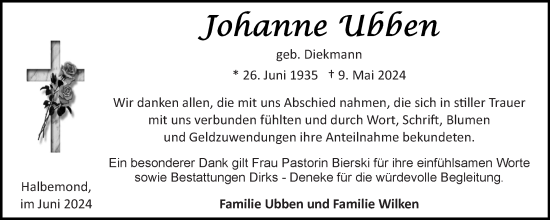 Traueranzeige von Johanne Ubben von Ostfriesischer Kurier GmbH