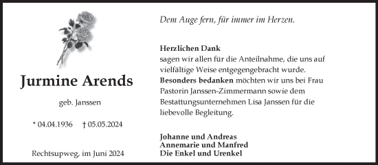 Traueranzeige von Jurmine Arends von Ostfriesischer Kurier GmbH