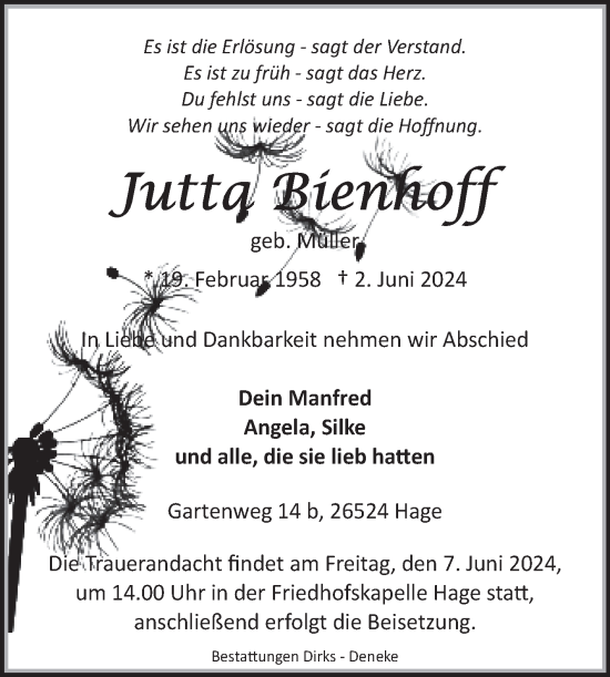 Traueranzeige von Jutta Bienhoff von Ostfriesischer Kurier GmbH
