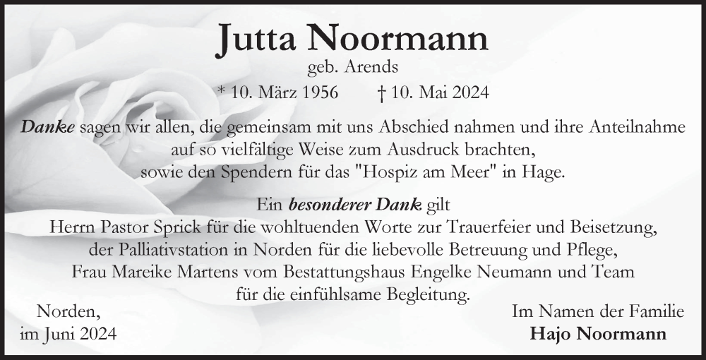  Traueranzeige für Jutta Noormann vom 22.06.2024 aus Ostfriesischer Kurier GmbH
