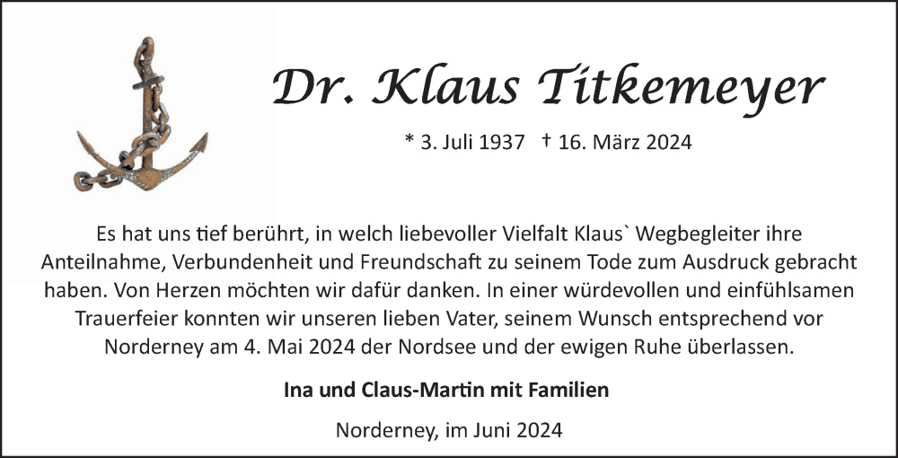  Traueranzeige für Klaus Titkemeyer vom 01.06.2024 aus Ostfriesischer Kurier GmbH