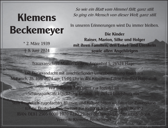 Traueranzeige von Klemens Beckemeyer von Ostfriesischer Kurier GmbH