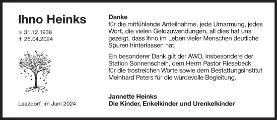 Traueranzeige von lhno Heinks von Ostfriesischer Kurier GmbH