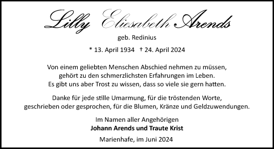 Traueranzeige von Lilly Elisabeth Arends von Ostfriesischer Kurier GmbH