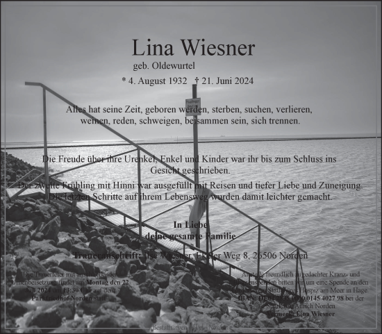 Traueranzeige von Lina Wiesner von Ostfriesischer Kurier GmbH