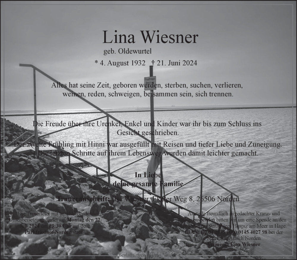  Traueranzeige für Lina Wiesner vom 29.06.2024 aus Ostfriesischer Kurier GmbH