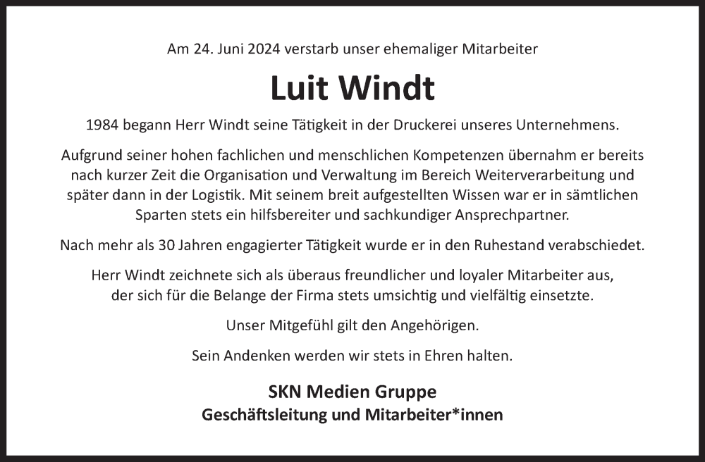  Traueranzeige für Luit Windt vom 27.06.2024 aus Ostfriesischer Kurier GmbH